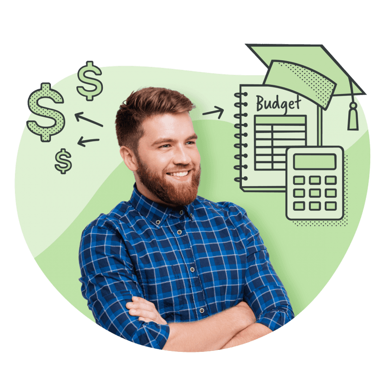Photo of a man in a checked shirt surrounded by financial illustrations