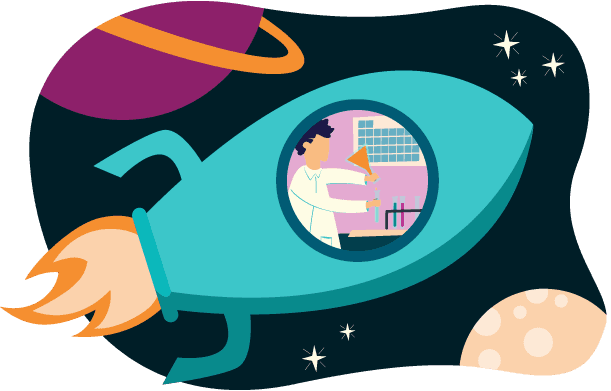 Illustration of a teacher inside a spaceship in space